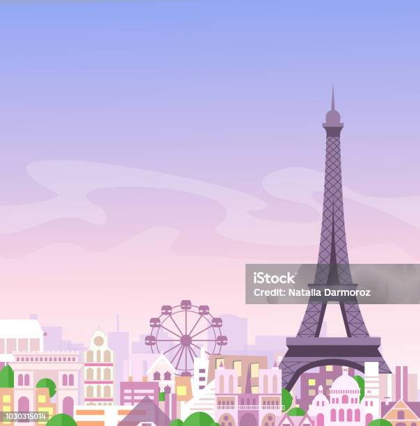 Vector Illustration Of Romantic Paris View France City Skyline Background In Pastel Colors Beautiful City In Flat Style Stock Illustration - Download Image Now
