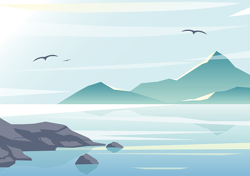 Vector illustration of beautiful sea view, water of the ocean, rocks on the beach, mountains and sky background in pastel colors and flat design