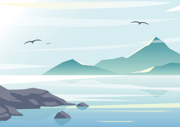 Vector illustration of beautiful sea view, water of the ocean, rocks on the beach, mountains and sky background in pastel colors and flat design. Vector illustration of beautiful sea view, water of the ocean, rocks on the beach, mountains and sky background in pastel colors and flat design island illustrations stock illustrations