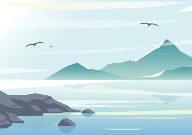 Vector illustration of Vector illustration of beautiful sea view, water of the ocean, rocks on the beach, mountains and sky background in pastel colors and flat design.