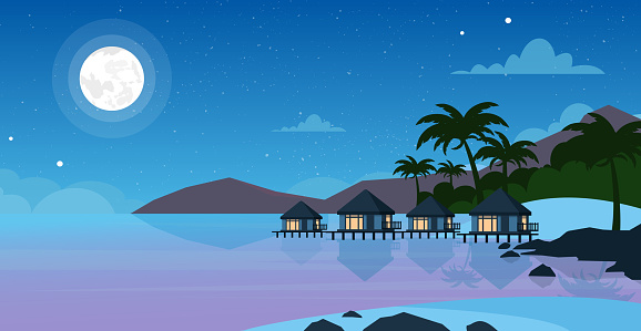 Vector illustration of beautiful night sea beach with hotel. Small villas on the ocean seaside in night time with moon and stars on the sky. Summer landscape, vacation concept in flat style