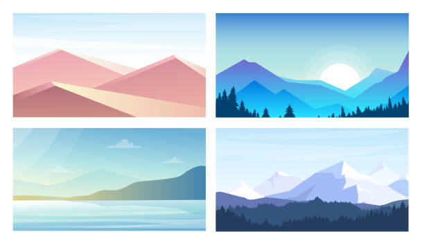벡터 일러스트 레이 션 배너 풍경, 산 전망, 사막, 해변 플랫 스타일에 파스텔 색상으로 설정합니다. - mountain sunrise scenics european alps stock illustrations