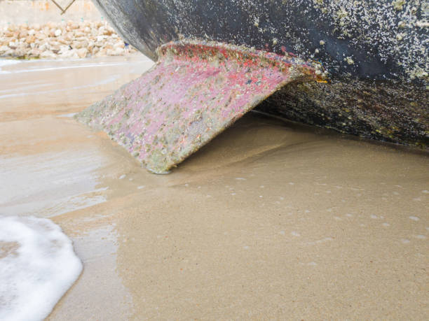 istock Sailing boat on the beach leans on the keel. 1030315892