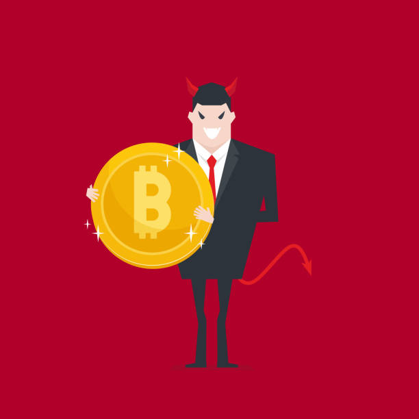 diabelski biznesmen trzymający bitcoina w ręku. - monster currency stealing bank stock illustrations