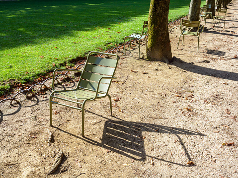 A typical parisian metal lawn chair in the Luxembourg garden in Paris, France.