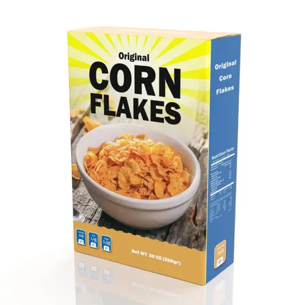 Photo of 3D rendering of Corn Flakes paper packaging, isolated on white background.