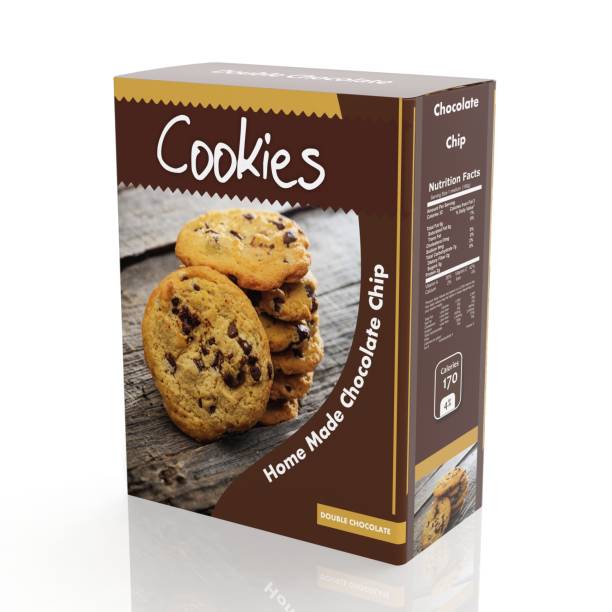 3D rendering of chocolate Cookies paper packaging, isolated on white background.