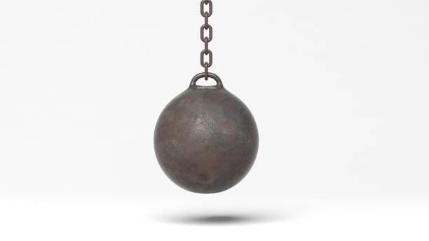 istock Metallic rusty wrecking ball on chain, isolated on white background. 3D rendering 1030319754