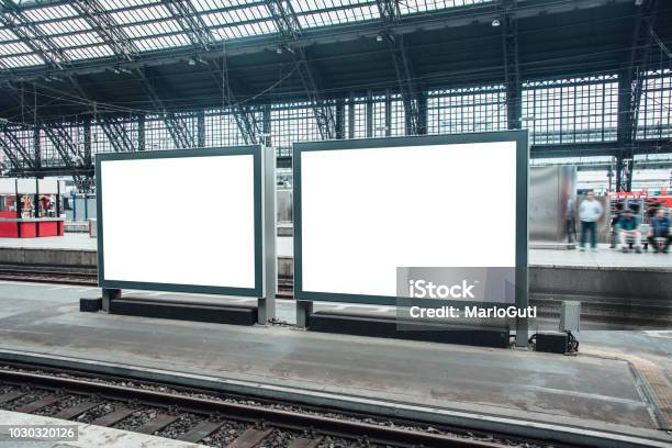 Two Blank Billboards At Railroad Station Stock Photo - Download Image Now - Billboard, Two Objects, Advertisement