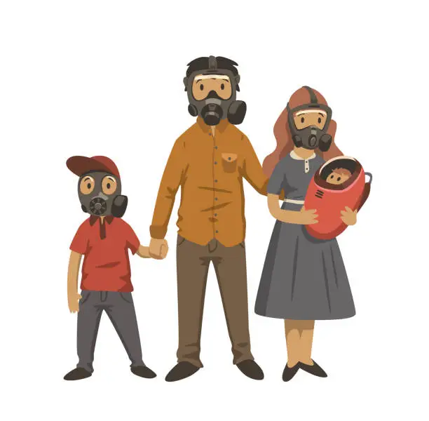 Vector illustration of Modern family, children and parents in gas masks. Environmental problems, air pollution. Flat vector illustration. Isolated on white background.