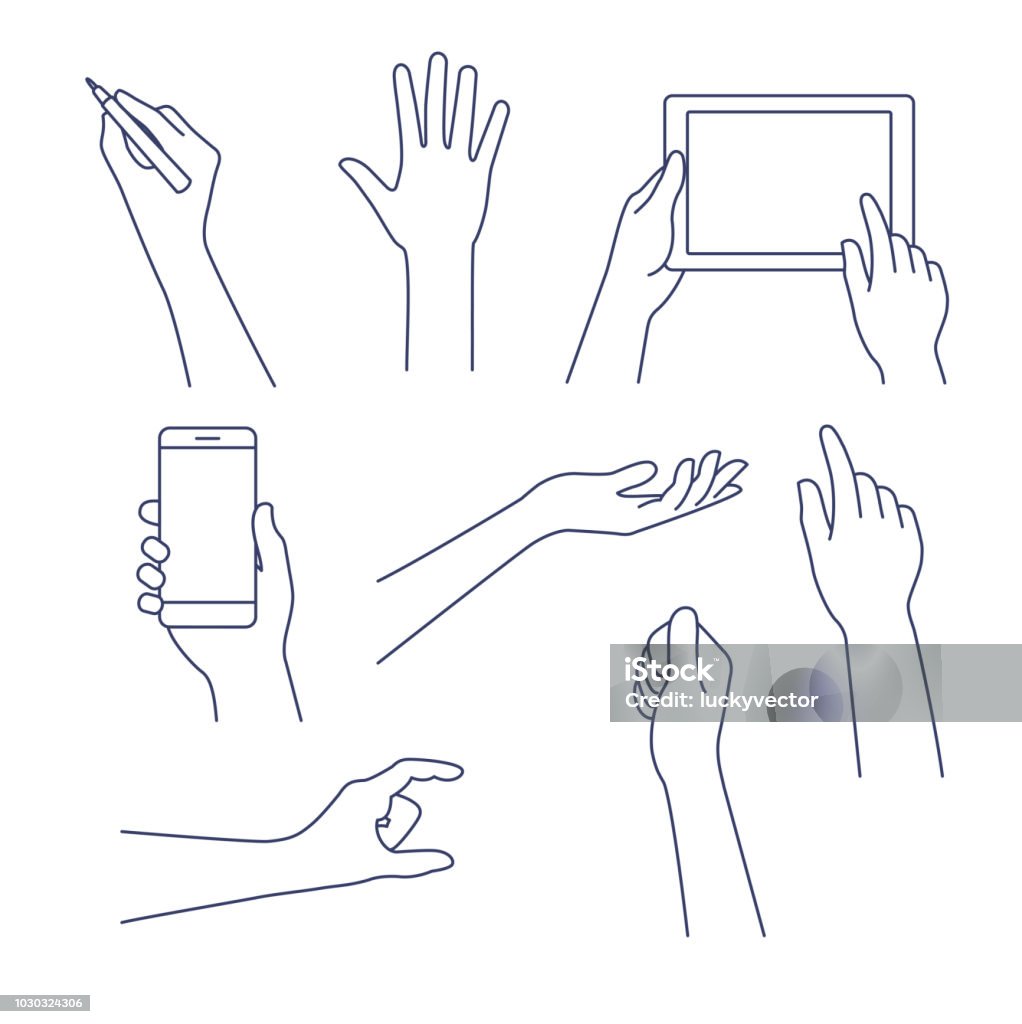 Hands line icon. Vector illustration. Editable stroke. Business concept of hand in many characters, presenting, showing, using tablet and smart phone, writing. Hand line vector design set. Editable stroke. Hand stock vector