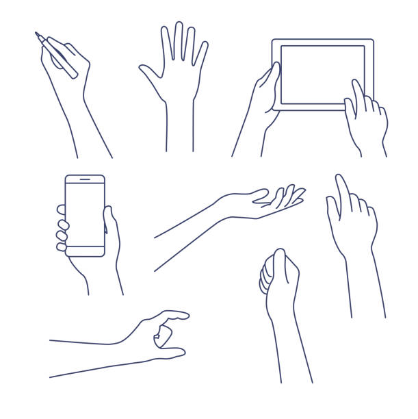Hands line icon. Vector illustration. Editable stroke. Business concept of hand in many characters, presenting, showing, using tablet and smart phone, writing. Hand line vector design set. Editable stroke. human finger illustrations stock illustrations