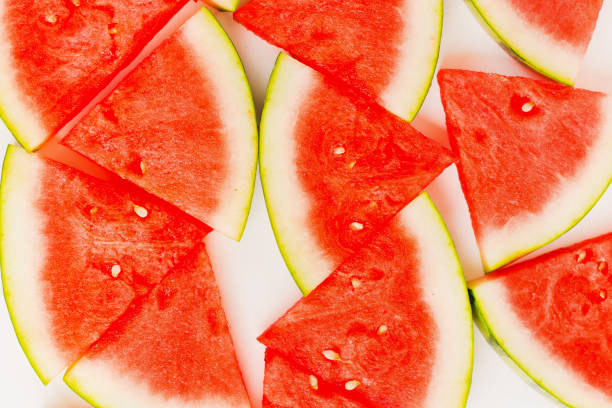 istock Sliced red watermelon isolated. View from above. 1030329130