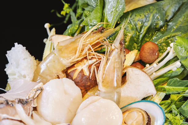 Close-up prawns and shellfishes of the mixed set of seafood