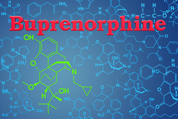 Buprenorphine. Chemical formula, molecular structure. 3D rendering Buprenorphine. Chemical formula, molecular structure. 3D rendering morphine drug stock pictures, royalty-free photos & images