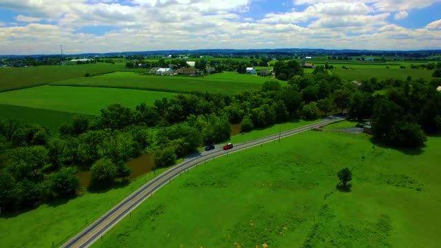 Drone aerial through Amish Countryside