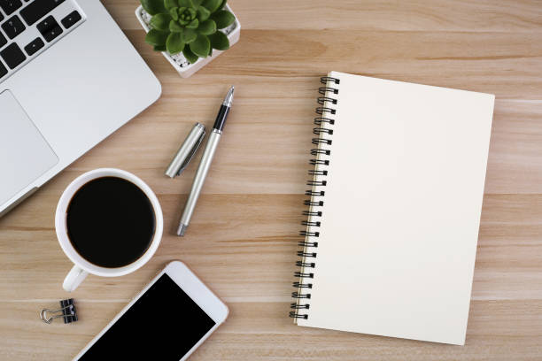 istock Top View Wood Office Desk Table 1030337466