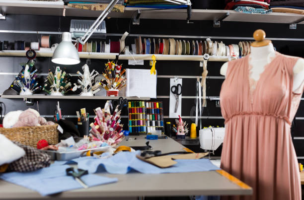 istock Image of workplace of designer with mannequin 1030348350
