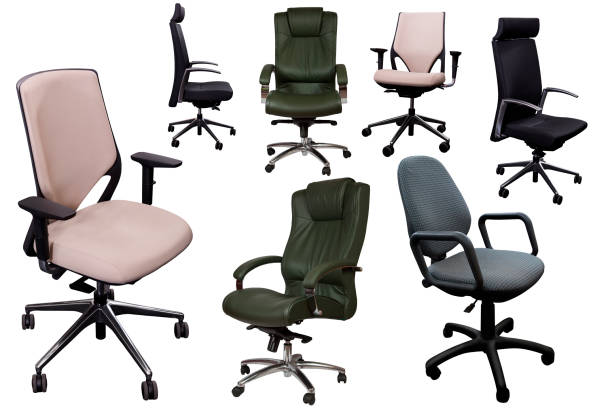 Assorted set of adjustable office chairs isolated on white background