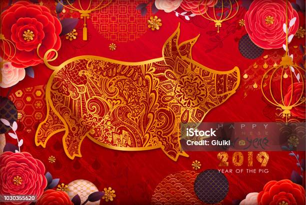 2019 De Nouvel An Chinois Cochon Du Zodiaque Vecteurs libres de droits et plus d'images vectorielles de 2019 - 2019, Nouvel an chinois, Culture chinoise