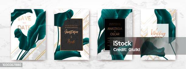 Wedding Invitation Frame Set Palm Leaves Marble Gold Vector Stock Illustration - Download Image Now