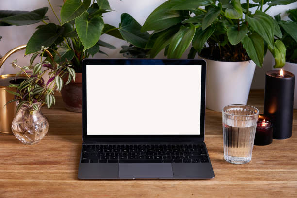 istock Personal modern Laptop on wooden table with beautiful green plants, hygge interior, empty space for design layout 1030365970
