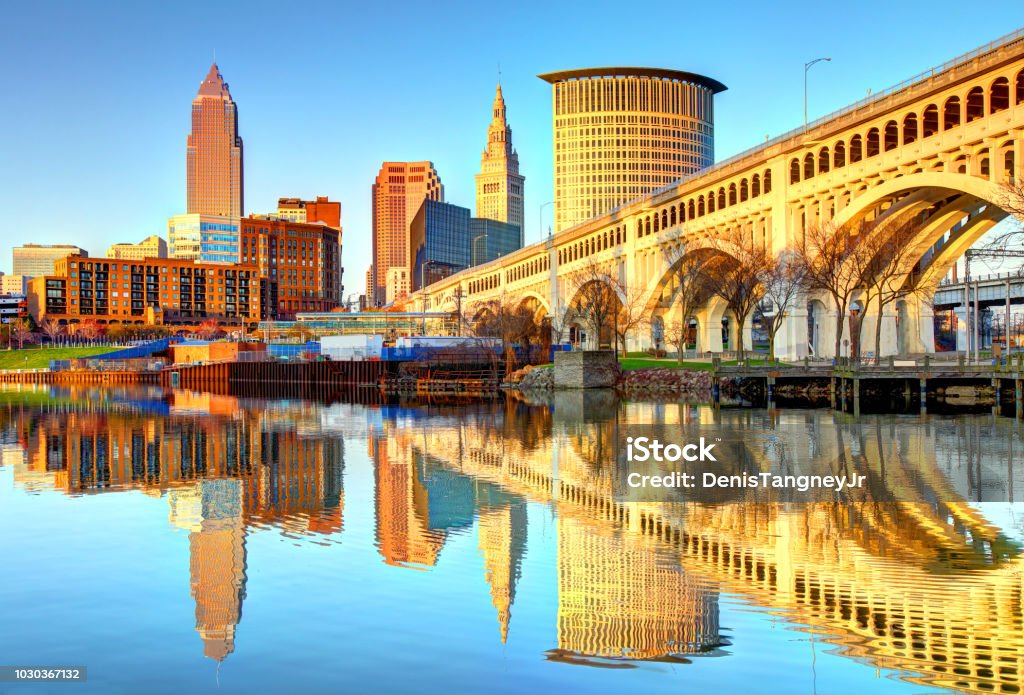 Cleveland Skyline reflecting on the Cuyahoga River Cleveland is a city in the U.S. state of Ohio and is the county seat of Cuyahoga County, the most populous county in the state Cleveland - Ohio Stock Photo