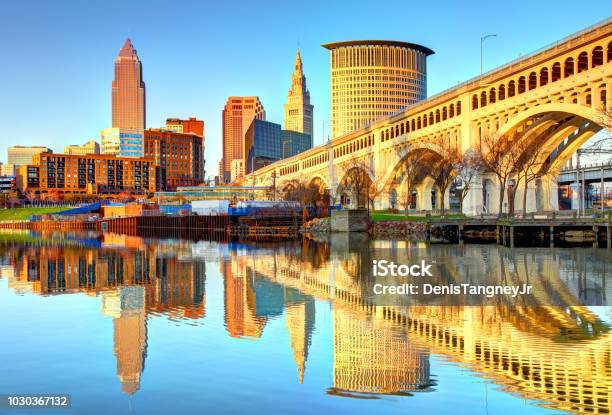 Cleveland Skyline Reflecting On The Cuyahoga River Stock Photo - Download Image Now - Cleveland - Ohio, Ohio, Urban Skyline