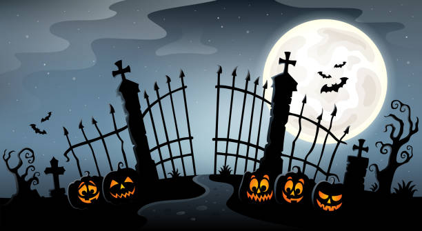 ilustrações, clipart, desenhos animados e ícones de tema de silhueta cemitério portão 4 - cemetery halloween moon spooky