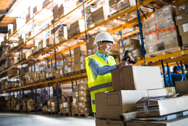 istock Senior warehouse woman worker working with barcode scanner. 1030380388