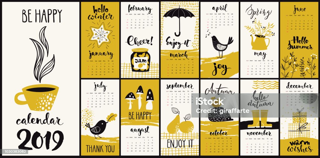 Vector hand drawn 2019 calendar with monthly symbols Modern style hand drawn cartoon vector 2019 calendar with monthly symbols Calendar stock vector