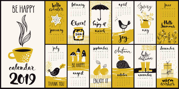 Vector hand drawn 2019 calendar with monthly symbols Modern style hand drawn cartoon vector 2019 calendar with monthly symbols holiday calendars stock illustrations