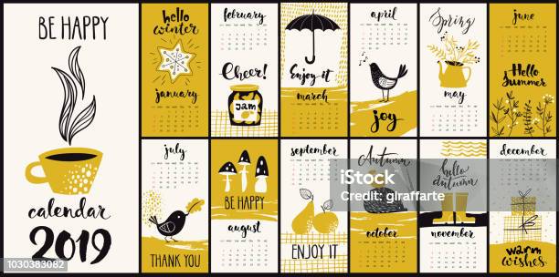 Vector Hand Drawn 2019 Calendar With Monthly Symbols Stock Illustration - Download Image Now