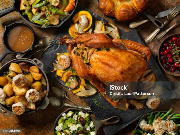 Roast Turkey Dinner Stock Photo - Download Image Now - Thanksgiving - Holiday, Christmas, Dinner