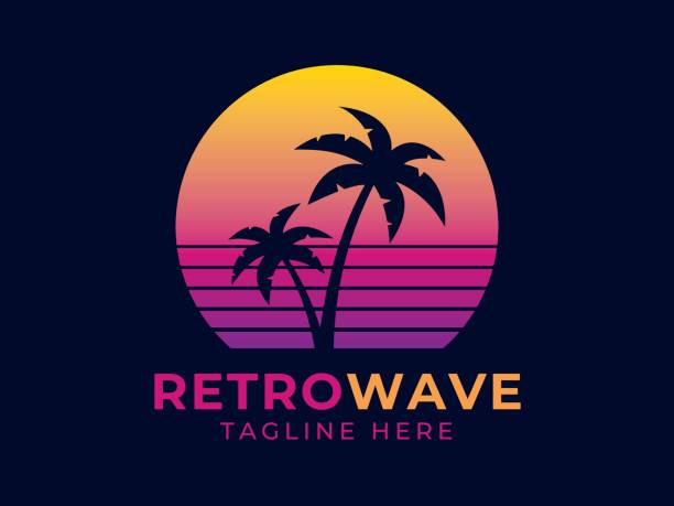 Retrowave Logo Retrowave palm logo miami beach stock illustrations