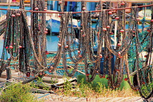 Sete, Herault, France : Fishing nets in  La Pointe Courte: A Fishermen district (village) of Sète