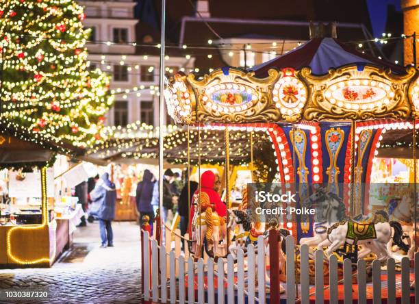 Traditional Christmas Market Fair In Europe Stock Photo - Download Image Now - Christmas Market, Carousel, Tallinn