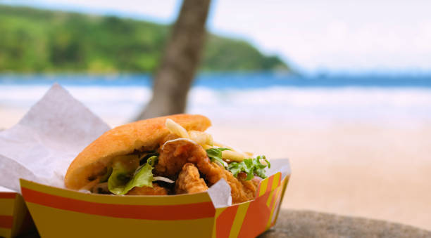 Fried shark and bake fast food by beach Maracas Bay stock photo