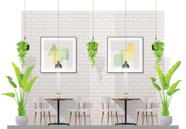 Vector illustration of Interior scene of modern restaurant with tables and chairs for customer , vector , illustration