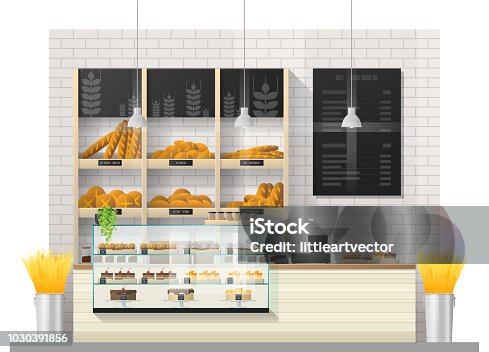 istock Interior scene of modern bakery shop with display counter , vector , illustration 1030391856