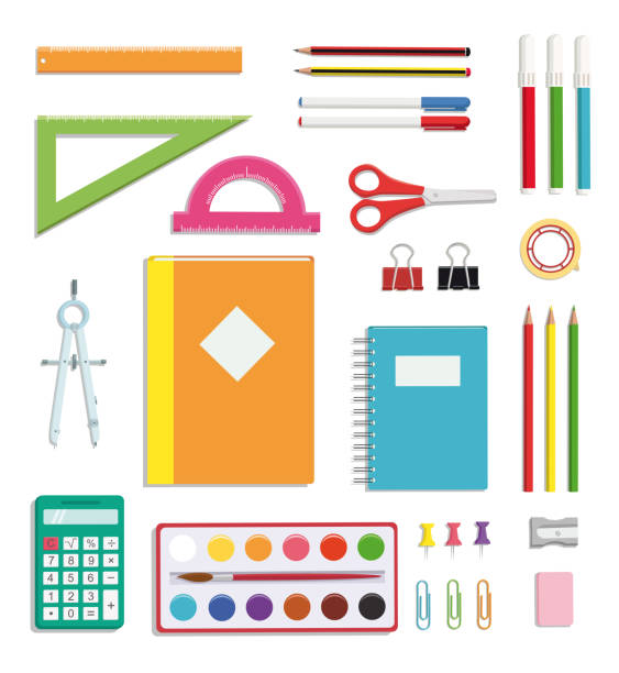 schule-zubehör-set - schulbedarf stock-grafiken, -clipart, -cartoons und -symbole