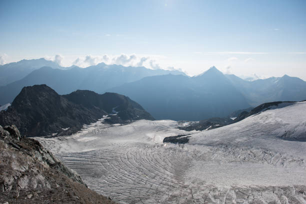 view from mittelallalin 3500m, saas fee, canton valais, switzerland, sunny morning.