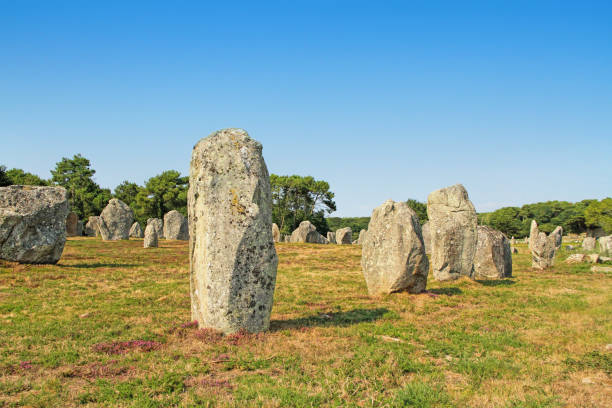 Carnac in Brittany, France Carnac (Karnag) Stones - the largest megalithic site in the world consisting of alignments, dolmens, tumuli and single menhirs around the village of Carnac in Brittany, France burial mound photos stock pictures, royalty-free photos & images