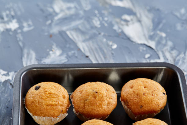 istock Fresh baked chocolate muffins on a cookie sheet, top view, close-up, selective focus 1030394660