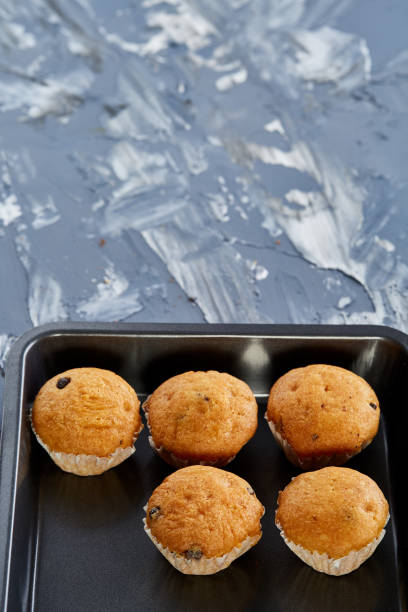istock Fresh baked chocolate muffins on a cookie sheet, top view, close-up, selective focus 1030394826
