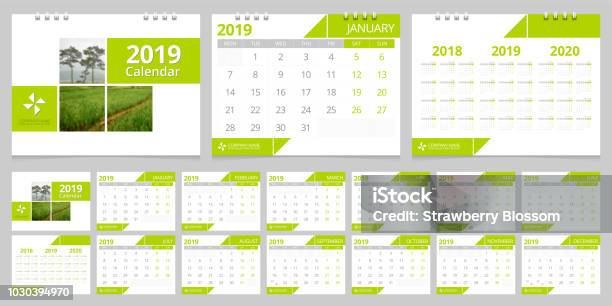 2019 Calendar Set Week Start Monday Corporate Design Template Vector Stock Illustration - Download Image Now