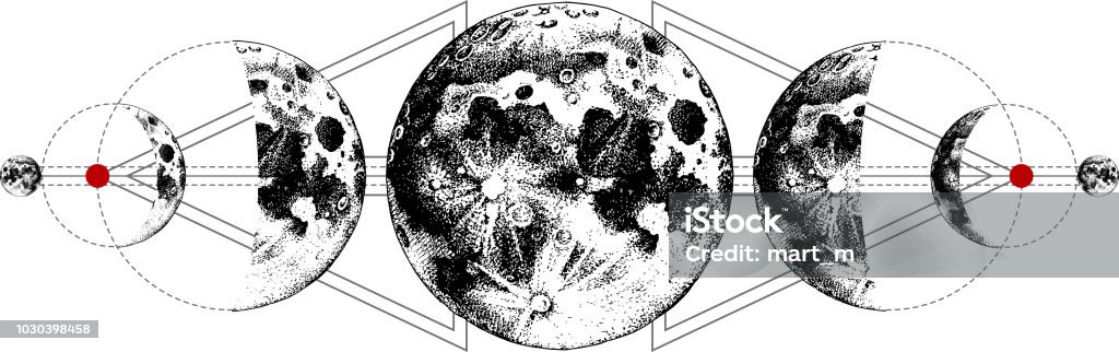 Magic moons tattoo Magic moons tattoo with secret geometry symbols. Hand drawn vector illustration Alchemy stock vector