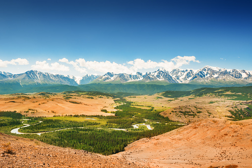 Kurai steppe and view of North-Chuya ridge in Altai mountains, Altai Republic, Siberia, Russia