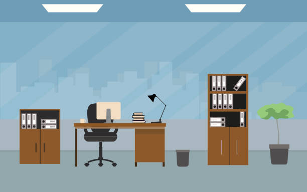 ilustrações, clipart, desenhos animados e ícones de interior moderno de escritório - office backgrounds window glass