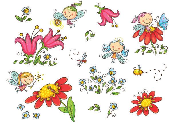 ilustraciones, imágenes clip art, dibujos animados e iconos de stock de conjunto de dibujos animados de hadas, insectos, flores y elementos, gráficos vectoriales, aislados sobre fondo blanco - fairy child outdoors fairy tale